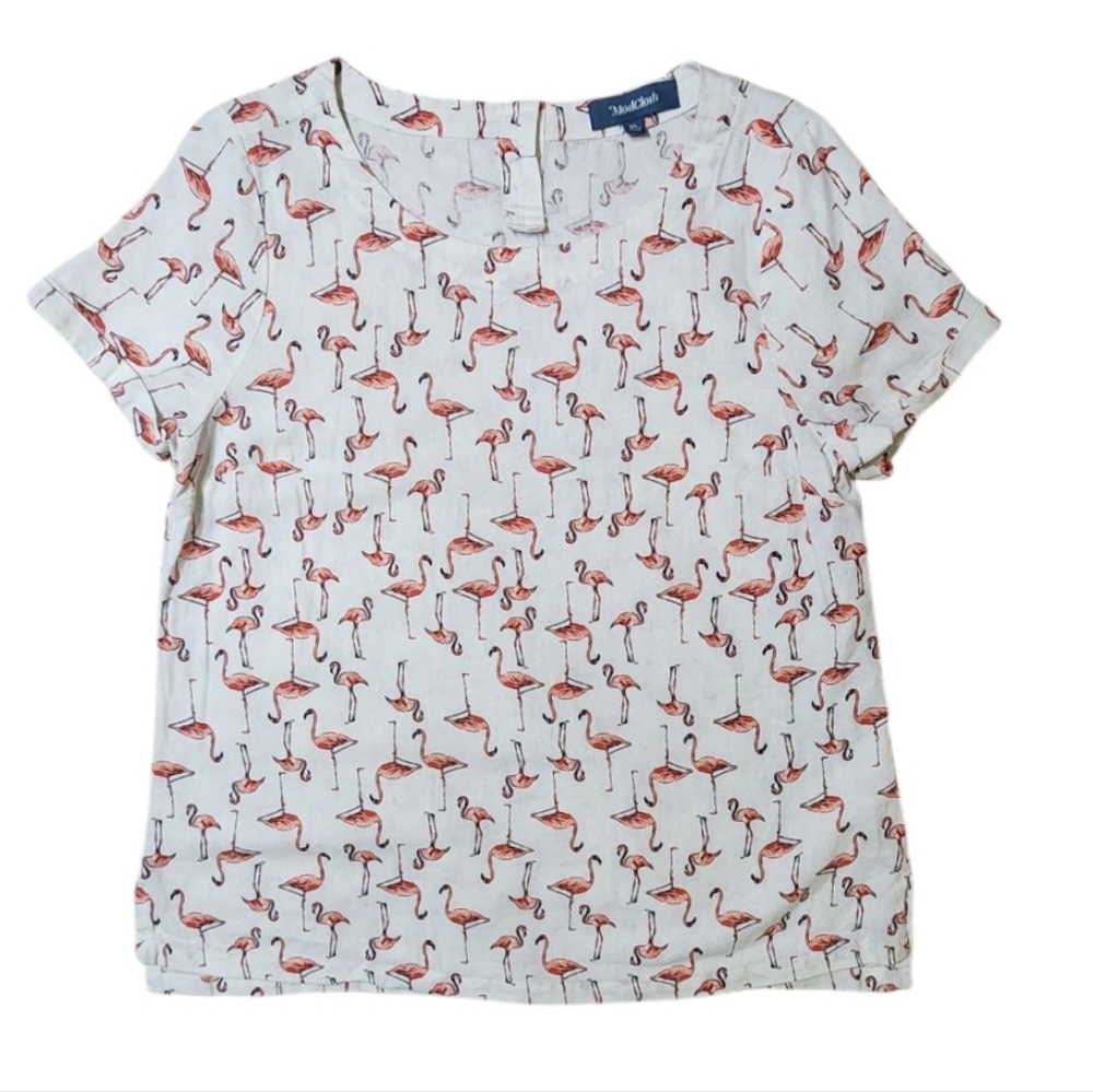 Modcloth Linen Blend Resort Beach Flamingo Kitschy Top Sz XL Cream Pink